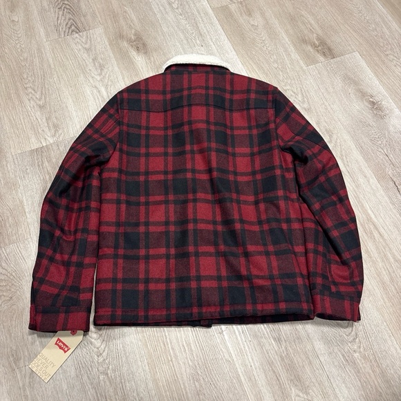 Levi's Cherry Plaid Trucker Wool Blend Sherpa Jacket Mens Size Small Warm - Picture 2 of 9